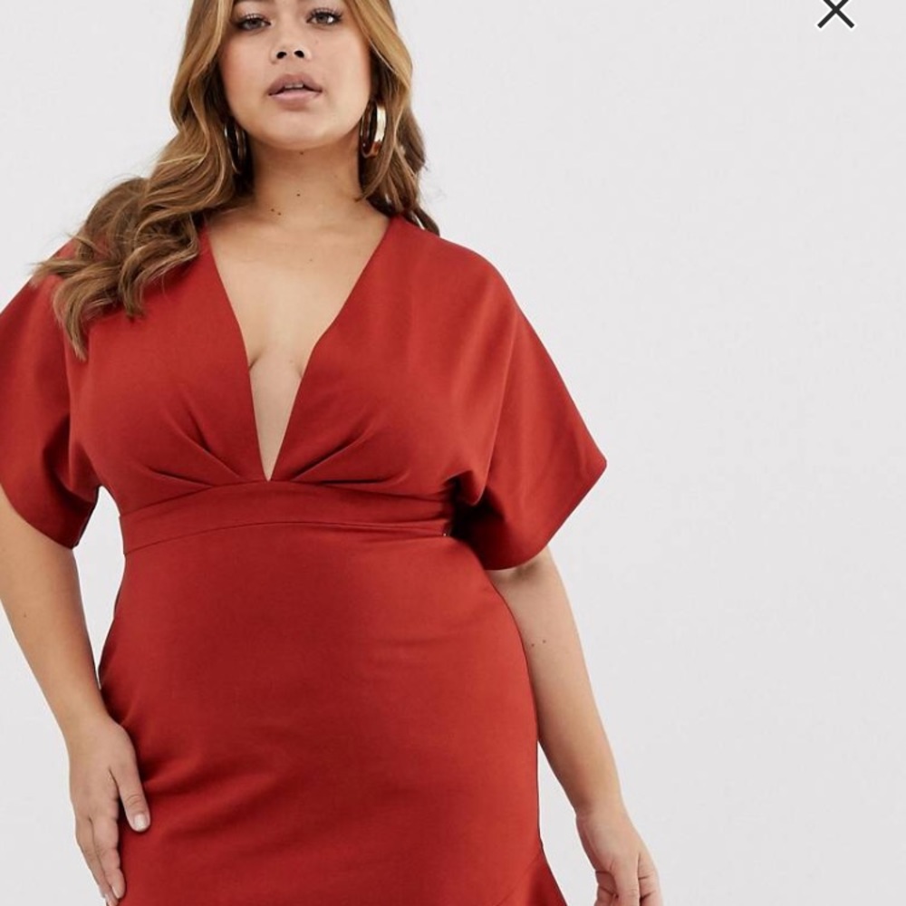 ASOS DESIGN- deep V pep hem midi dress-rust color